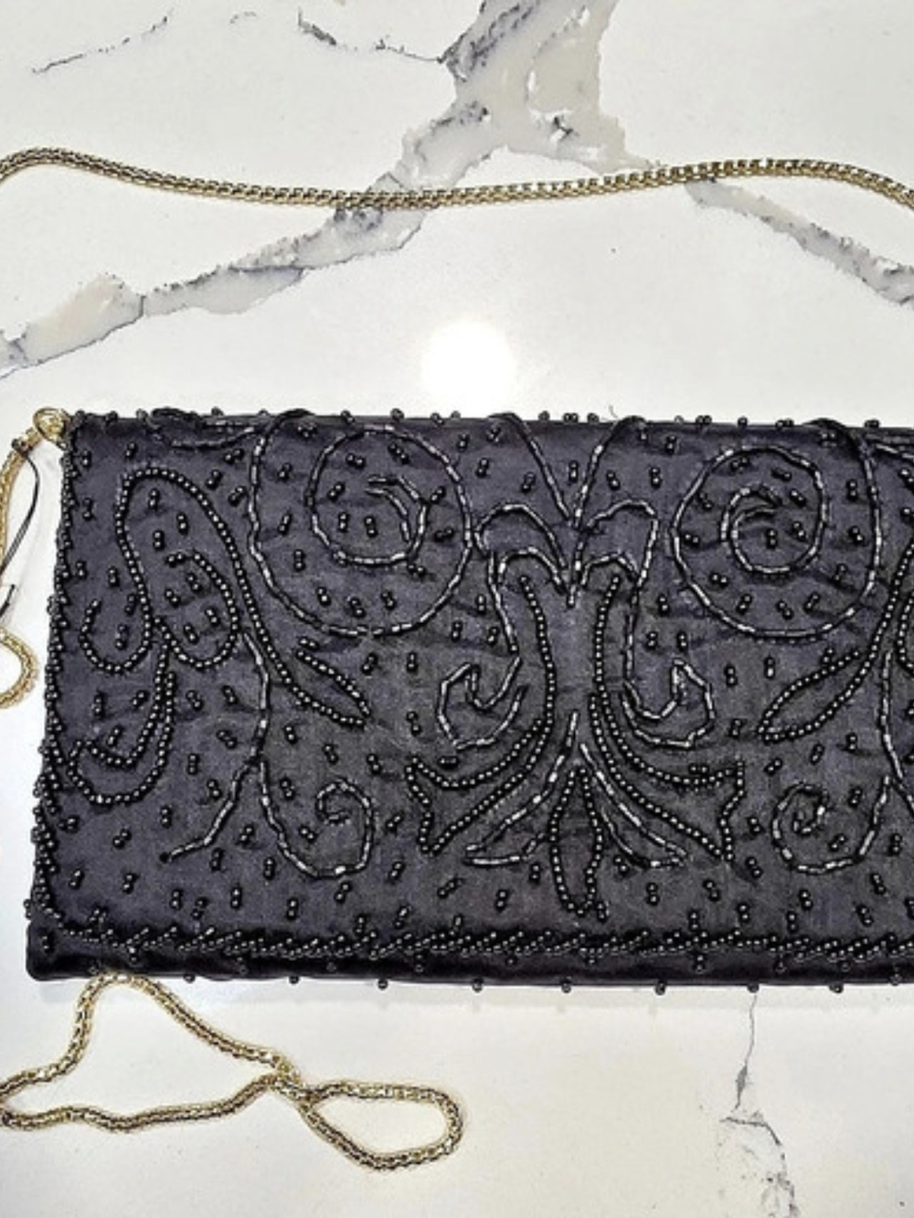 La Regale LTD NWT Black Beaded Swirl Evening Bag Gold Chain Clutch. Vintage 80s